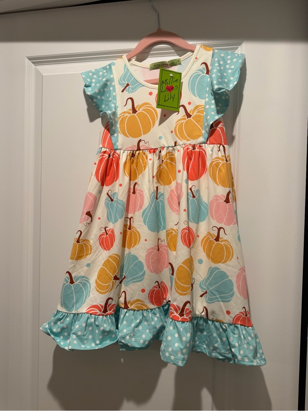 Millie Loves Lily Girls' Cream Pumpkin Print Dress with Blue Accents